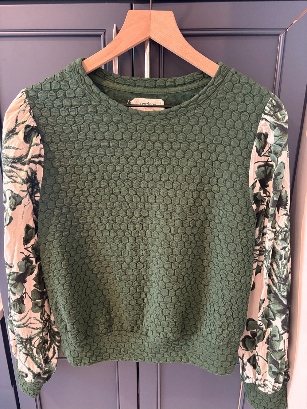 Green Textured Pullover Sweatshirt with Floral Sleeves